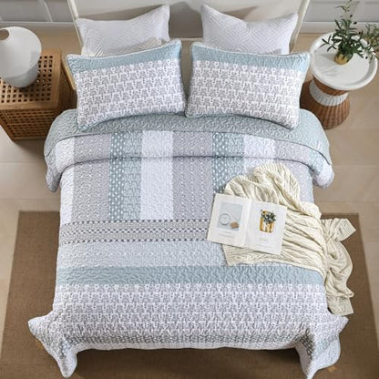 WONGS BEDDING Boho Quilt Set Queen, Stripe Bedspread Sets, Burnt Orange