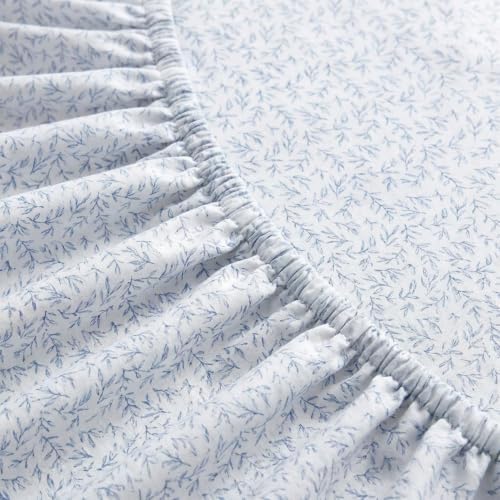 Martha Stewart - Twin Sheet Set with Fitted Sheet & Pillowcase, Cotton Percale Bedding with a Smooth Feel, Deep Pocket, Leaves Blue