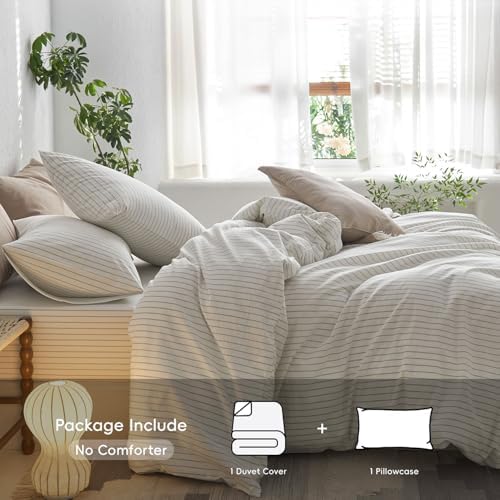 MooMee Striped Duvet Cover Set 100% Washed Cotton Linen Like Twin