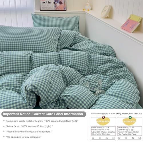 mixinni Dark Green Gingham Comforter Set King, Plaid Comforter Set 3 Pieces 1 Teal Grid Comfoter with 2 Pillow Cases for All Seasons, Soft Fluffy Modern Grid Pattern Printed Bedding-King Size