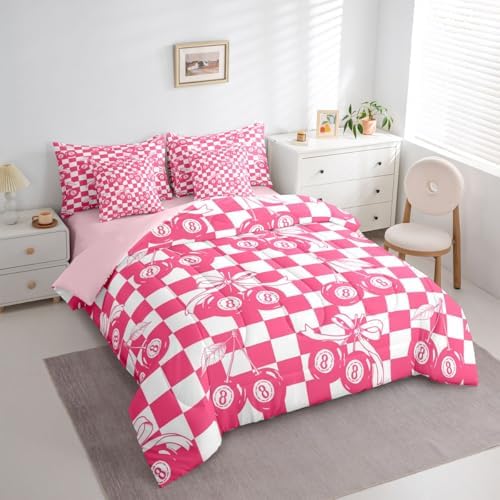 Hot Pink Fashion Y2K 7 Piece Comforter Set Full Size Lucky 8 Ball Bedding Set For Kids Girls Teen Women,Cherry Bow Geometric Checkered Bed In A Bag With Sheets Girly Coquette Trendy Aesthetic Bed Set