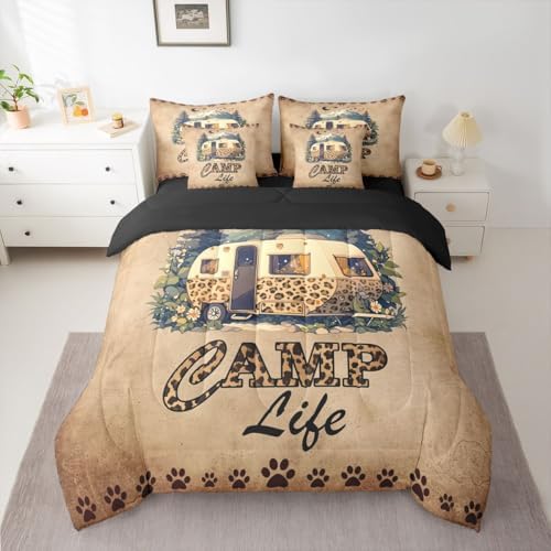 Erosebridal Happy Camping 7 Piece Bedding Set Leopard Print Camper King Size Bed In A Bag For Kids Teens Adult Bedroom Vintage Rv Farmhouse Comforter Set With Sheets Rustic Cabin Lodge Bed Sets, Brown