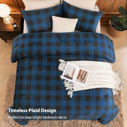 Litanika Velvet Flannel Plaid Comforter Set Queen, 3 Pcs Blue Blanket