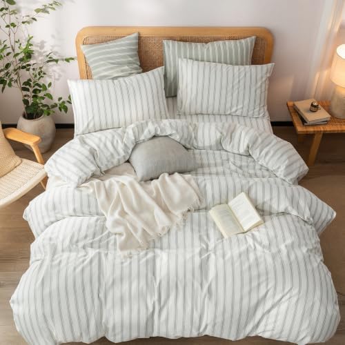BESTOUCH Striped Cotton Duvet Cover Set Linen Feel Alaska King