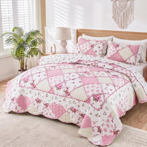 Alaskan King Quilt Set Pink Floral Patchwork Oversized King Bedspreads Set