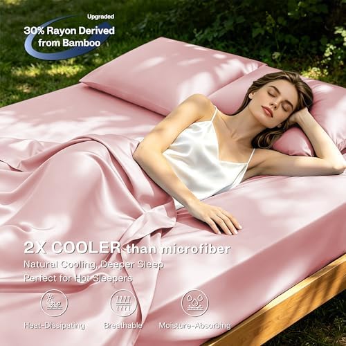 MR&HM King Size Sheet Set 4 Pieces, Rayon Derived from Bamboo Blend, Pink