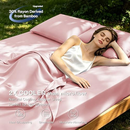MR&HM King Size Sheet Set 4 Pieces, Rayon Derived from Bamboo Blend, Pink