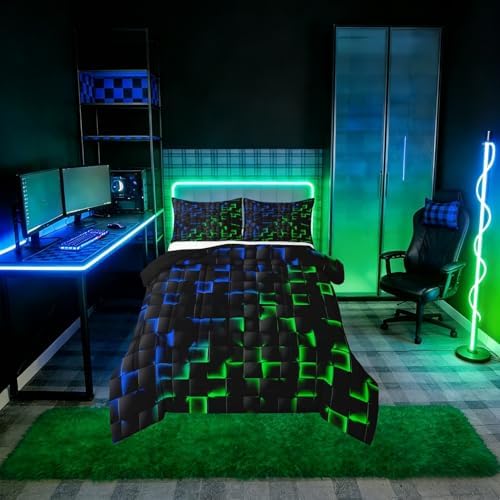 Erosebridal Geometric Checkered Comforter Set Full Neon Blue Green Bedding Set for Kids Boys Teen Gamer Room Decor,Abstract Ombre Plaid Comforter Grids Quilt Duvet Black