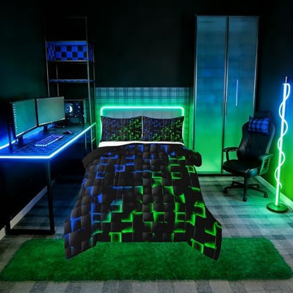 Erosebridal Geometric Checkered Comforter Set Full Neon Blue Green Bedding Set for Kids Boys Teen Gamer Room Decor,Abstract Ombre Plaid Comforter Grids Quilt Duvet Black