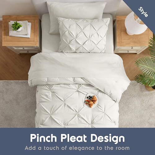 Nestl 7 Piece Twin XL Comforter Set – Off White Pinch Pleated Bed in a Bag – Complete Twin XL Size Bedding Set with Sheets, Set of 2 Cooling Pillows, Pillowcase and Sham