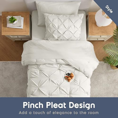 Nestl 7 Piece Twin XL Comforter Set – Off White Pinch Pleated Bed in a Bag – Complete Twin XL Size Bedding Set with Sheets, Set of 2 Cooling Pillows, Pillowcase and Sham