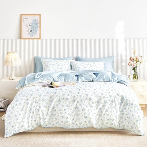 Wake In Cloud - Floral Comforter Set with Sheets, Coquette Cottagecore Aesthetic Flower Shabby Chic Pattern for Women Teen Girls, 7 Pieces Bed in a Bag, White Blue, Full Size