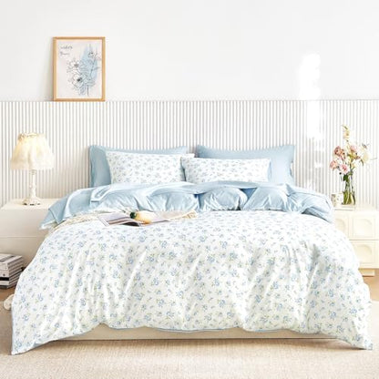 Wake In Cloud - Floral Comforter Set with Sheets, Coquette Cottagecore Aesthetic Flower Shabby Chic Pattern for Women Teen Girls, 7 Pieces Bed in a Bag, White Blue, Full Size