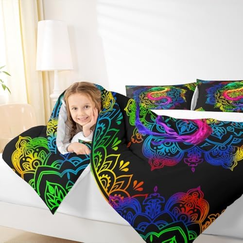 Watercolor Dragon Comforter Set Twin Size,Rainbow Mandala Print Duvet Quilted,Bohemian Exotic Style and Animal Theme Bedding Comforters 2Pcs for Kids Child Teens Woman Man Bedroom Decor,Black