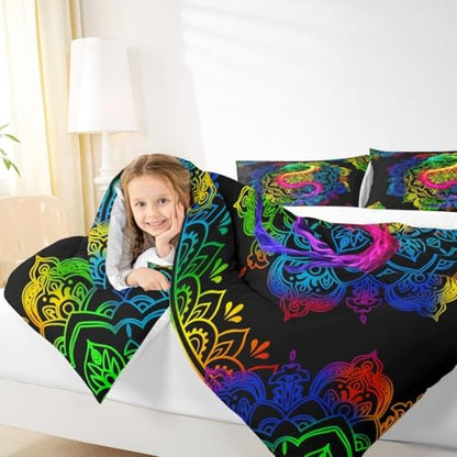 Watercolor Dragon Comforter Set Full Size,Rainbow Mandala Print Duvet Quilted,Bohemian Exotic Style and Animal Theme Bedding Comforters 3Pcs for Kids Child Teens Woman Man Bedroom Decor,Black