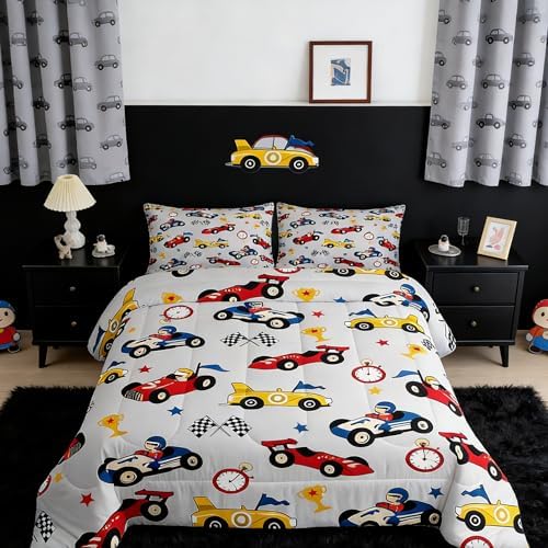 Feelyou Kids Cartoon Car Comforter Set King Size Racing Car Bedding for Boys Girls Room Game Decor Soft All Season