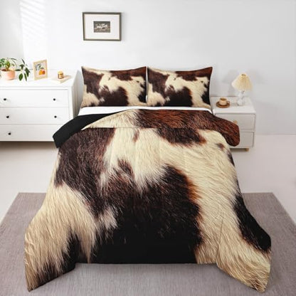 Cowhide Bedding Set Full,Brown Beige White Cow Print Comforter Set Western Farm Animal Fur Down Comforter for Kids Teens Men Women Rustic Cowboy Cowhide Quilt Duvet Set 2 Pillow Cases Bedroom Decor