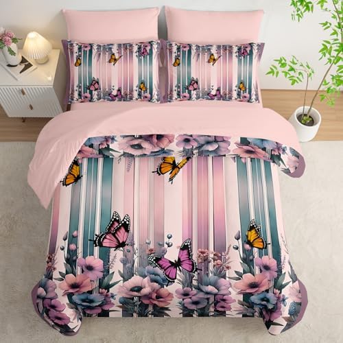 7 Piece Pink Butterfly Comforter Set Queen for Women，Butterfly Bedding Sets Queen 7 Piece，Butterfly Quilt Pattern，(1 Comforter, 1 Flat Sheet, 1 Fitted Sheet, 2 Pillowcase and 2 Pillow Sham)