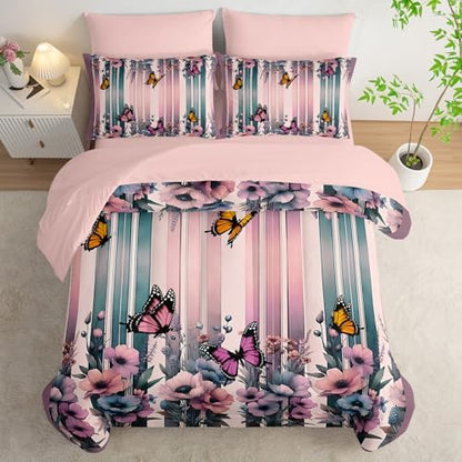 7 Piece Pink Butterfly Comforter Set Queen for Women，Butterfly Bedding Sets Queen 7 Piece，Butterfly Quilt Pattern，(1 Comforter, 1 Flat Sheet, 1 Fitted Sheet, 2 Pillowcase and 2 Pillow Sham)