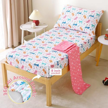 Mooreeke Toddler Bedding Sets for Girls,4 Pieces Floral Cat Printed