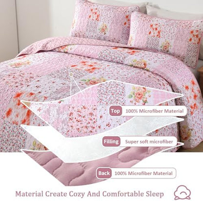 Mybedsoul Boho Quilt King Size, Patchwork Bedding Set, Pink White