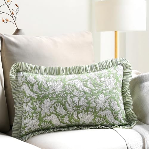 CPC Block Print Olive Green Ruffle Cotton Lumbar Pillow Cover 12x20 inch