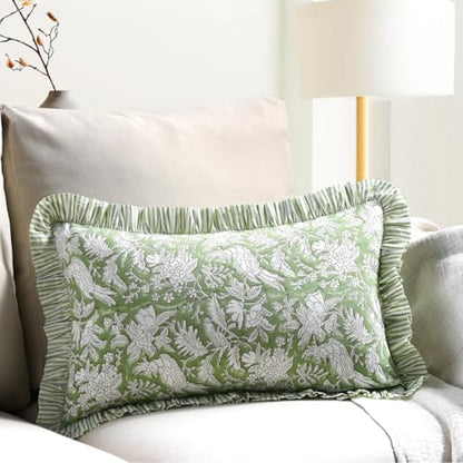 CPC Block Print Olive Green Ruffle Cotton Lumbar Pillow Cover 12x20 inch