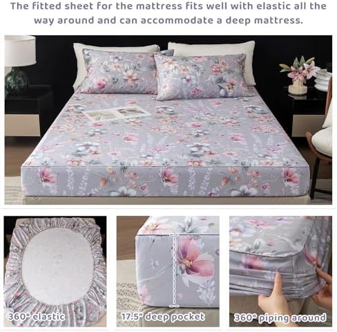 QSH Gray Floral Sheets Queen Size，Egyptian Cotton Sheets Queen Size Set Luxury Silk Feel Flowers Botanical Pattern Printed Bedding Sheet Extra Soft and Breathable 17.5" Deep Pockets Bed Sheet 4pcs