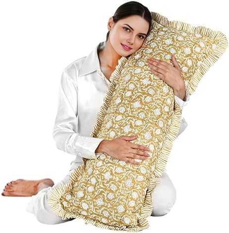 CPC Block Print Mustard Regal Ruffle Cotton Lumbar Pillow Cover 14x36 inch