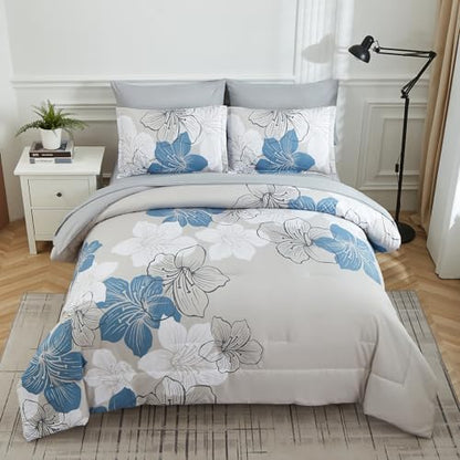 Luxudecor Floral Comforter Set Twin Size, 6 Pieces Bed in a Bag Blue Floral Comforter and Sheet Set, Soft Microfiber Blue Complete Bedding Sets for All Seasons 68"×86"