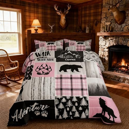Rustic Farmhouse Comforter Set Full Size,Deer Bear Wolf Hunting Animals Bedding Set for Kids Boys Girls Adults Room Decor,Pine Trees Patchwork Down Comforter,Pink Xmas Duvet Insert,2 Pillowcases