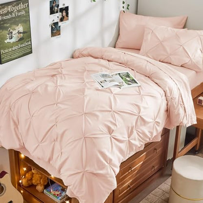 JOLLYVOGUE Twin Comforter Set 5 Pieces - Bed in a Bag Twin for All Season, Pintuck Bedding Comforter Sets with Comforter, Flat Sheet, Fitted Sheet and Pillowcases & Shams, Blush Pink
