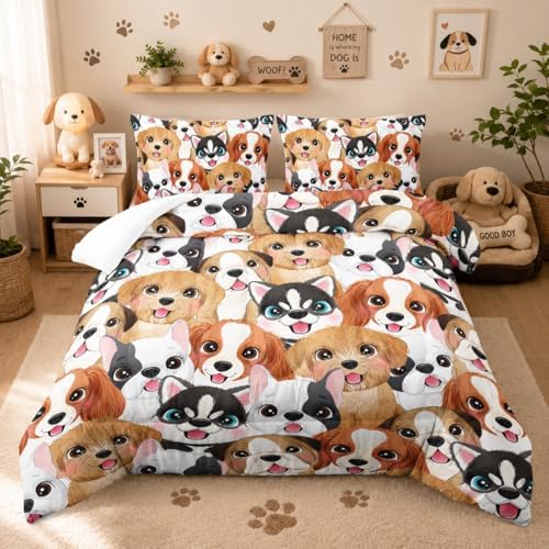 Nttopship Cute Dog Comforter Sets Queen Size Cartoon Dogs Bedding Sets for Kids,Cartoon Dog Comforter Sets，Kids Room Decor with 1 Comforter with 2 Pillow Case