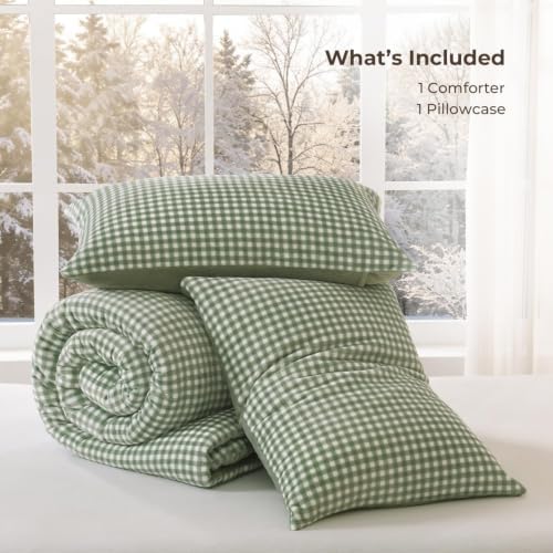 Litanika Velvet Flannel Gingham Comforter Set Twin, 3 Pcs Sage Bedding