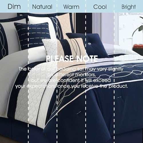 LANCO MODERN LIFESTYLE 7 Piece Comforter Set, Queen, White Navy Geometric Design, 100% Polyester, Luxury All Seasons Bed Set Includes Comforter, Bed Skirt, Pillow Shams, and Decorative Pillows