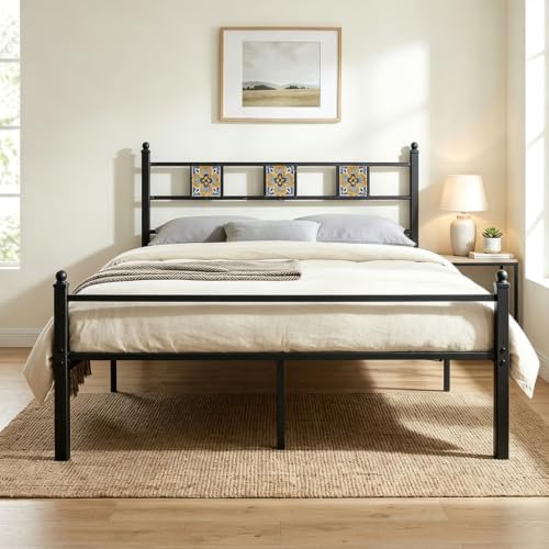 Full Size Bed Frame with Headboard Footboard, Vintage Metal Platform Beds