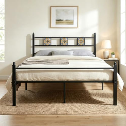 Full Size Bed Frame with Headboard Footboard, Vintage Metal Platform Beds