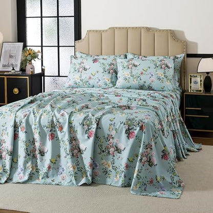 FADFAY Twin XL Size Sheet Set 4-Piece, 100% Cotton Mint Green Floral Bedding for College Dorm, Soft & Breathable Vintage Botanical Style, Deep Pocket Fitted Sheet, All-Season Cozy Bed Sheet Set