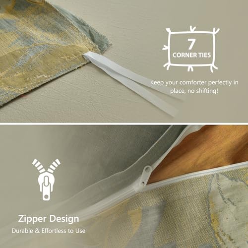 Simple&Opulence Muslin Duvet Cover Set King Size, 100% Washed Cotton 3 Pieces Yarn-Dyed Vintage Yellow Floral Jacquard Textured Bedding, Soft & Breathable Gauze Comforter Cover with Zipper Closure