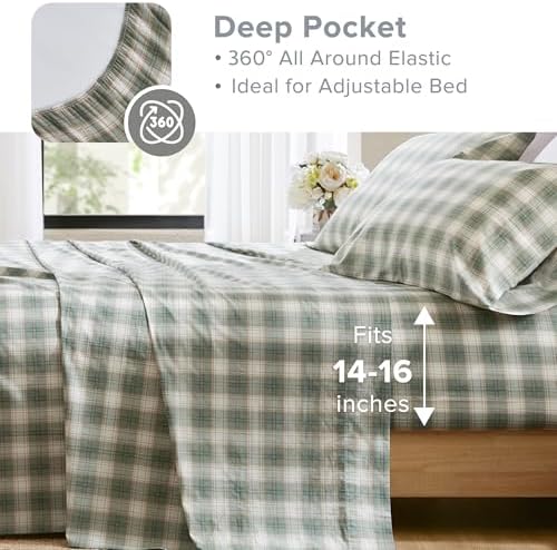 Comfort Spaces 100% Cotton Percale Sheets Queen Size 4 Piece, Wesley Green