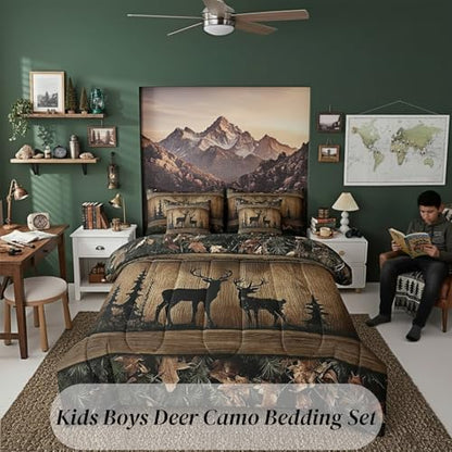 Erosebridal Rustic Cabin Bedding Sets 7 Piece Camo Hunting Deer Comforter Set Twin Farmhouse Woodland Animal Bed in A Bag for Kids Boys Teen Men,Tree Camouflage Wildlife Sheet Set with Comforter