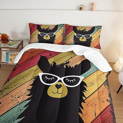 HOSIMA Llama Comforter with 2 Pillowcases Funny Room Decor,with Handsome Alpaca Pattern Vintage Colorful Wood Grain Bedding Set for Boys Girls Teens,Animal Bedding King Size Comforter Set.