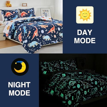 Holawakaka Glow in The Dark Space Dinosaur Kid Twin Comforter Set 5-Pieces