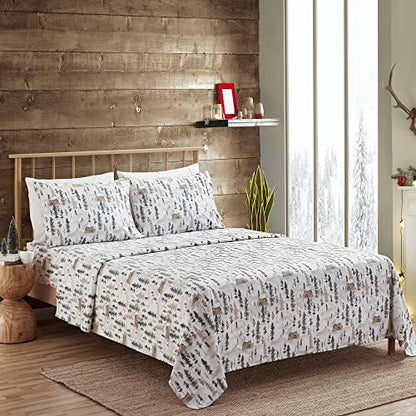 Flannel Sheets Warm and Cozy Deep Pocket Breathable All Season Bedding Set with Fitted, Flat and Pillowcases, Twin, Winter Cabin Lodge