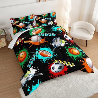 Kids Sports Balls Bedding Queen Comforter Set for Boys,Black Football Basketball Baseball Print Comforter Set for Kids Bedroom Decorate,Sports Themed Bedding Comforter Set with 2 Pillowcases.