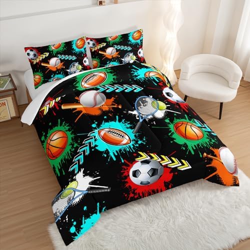 Kids Sports Balls Bedding King Comforter Set for Boys,Black Football Basketball Baseball Print Comforter Set for Kids Bedroom Decorate,Sports Themed Bedding Comforter Set with 2 Pillowcases.