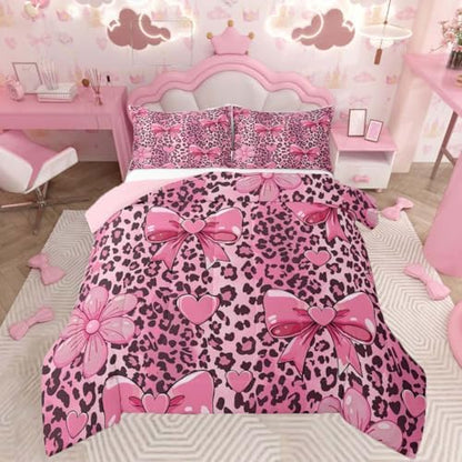 jejeloiu Pink Bow Leopard Kids Comforter Set King Size Bowknot Bedding Set Cheetah Duvet Quilt for Kids Boys Girls Bedroom Cute Decor Microfiber Ultra Soft Breathable