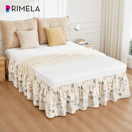 RIMELA Ruffle Bed Skirt Balloon Flower Floral Queen 15 Inch Drop, Elastic Wrap Around Bed Skirting Queen Size, Easy to Install Dust Ruffle, Machine Washable Soft Fabric, Multi Ruffle Bedskirt