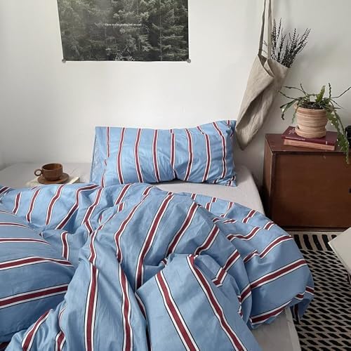 mixinni Vintage Blue & Red Striped Comforter Set Queen Size - Soft Cotton 3-Piece Bedding Set (1 Comforter + 2 Pillowcases), Retro Geometric Stripes Pattern, All-Season Lightweight & Breathable
