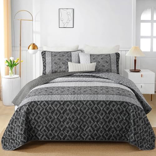 Cottolester Boho California King Quilt Set,Black Grey Striped Bedspread